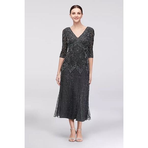Pisarro Nights Allover Mixed Beading 3/4-Sleeve Navy/Black Plus Size 14 Gown - Picture 1 of 12